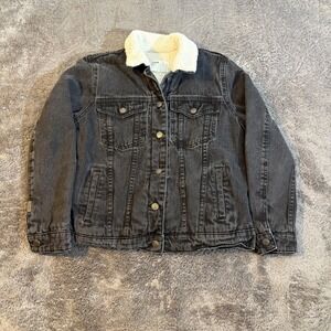 Bershka Women's Charcoal Grey Denim Sherpa Lined Trucker Jacket